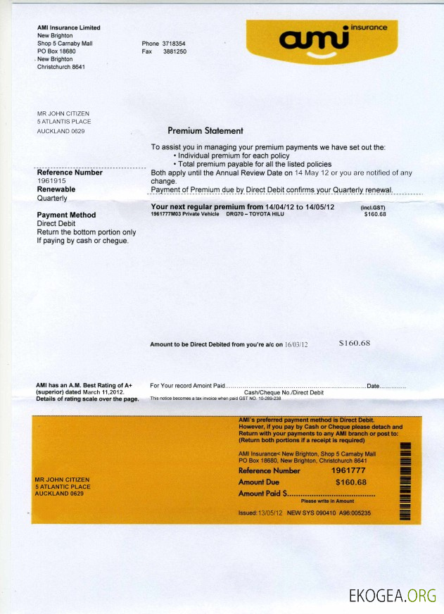 Modèle de relevé bancaire de preuve d'adresse AMI de Nouvelle Zélande